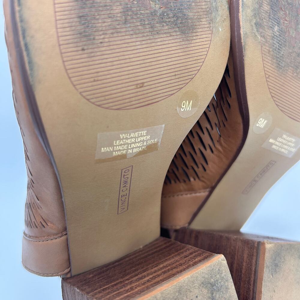 Vince Camuto Lavette Brown Perforated Peep Toe Bootie Block Heel Sandals size 9 - Picture 4 of 8